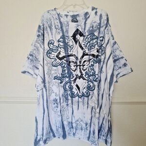 Take That Mens XL Tie Dye Gothic Cross Fleur De Lis Graphic T-Shirt Blue White